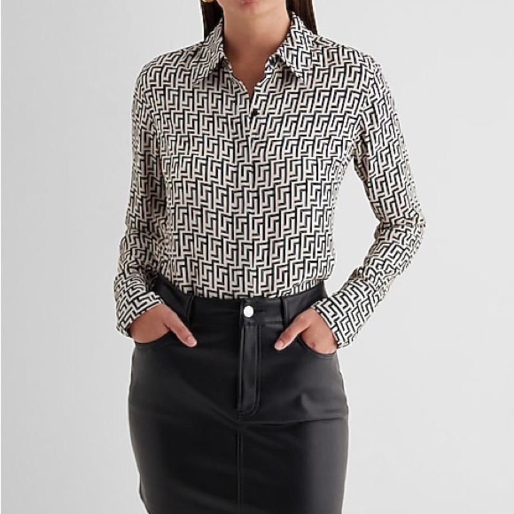 EXPRESS Slim Printed Portofino Shirt Black White Print